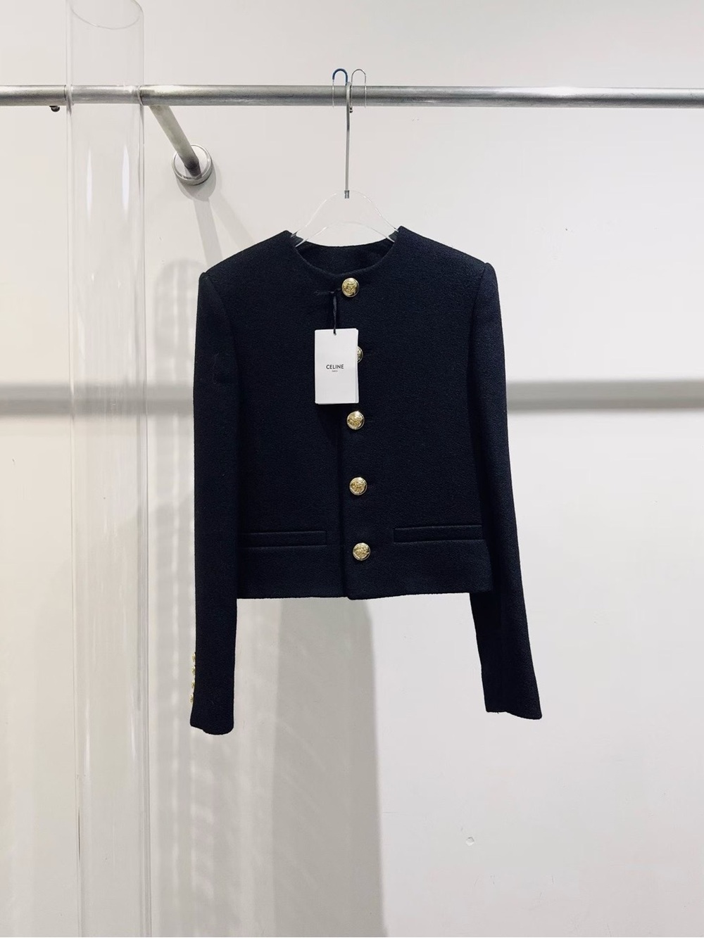 Celine Black Cropped Bouclé Jacket with Gold Buttons